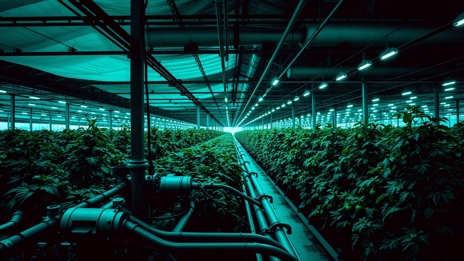 Commercial greenhouse with tomato and cucumber rows and industrial irrigation pipework, the delivery pathway for hydrogen-rich water for greenhouse irrigation